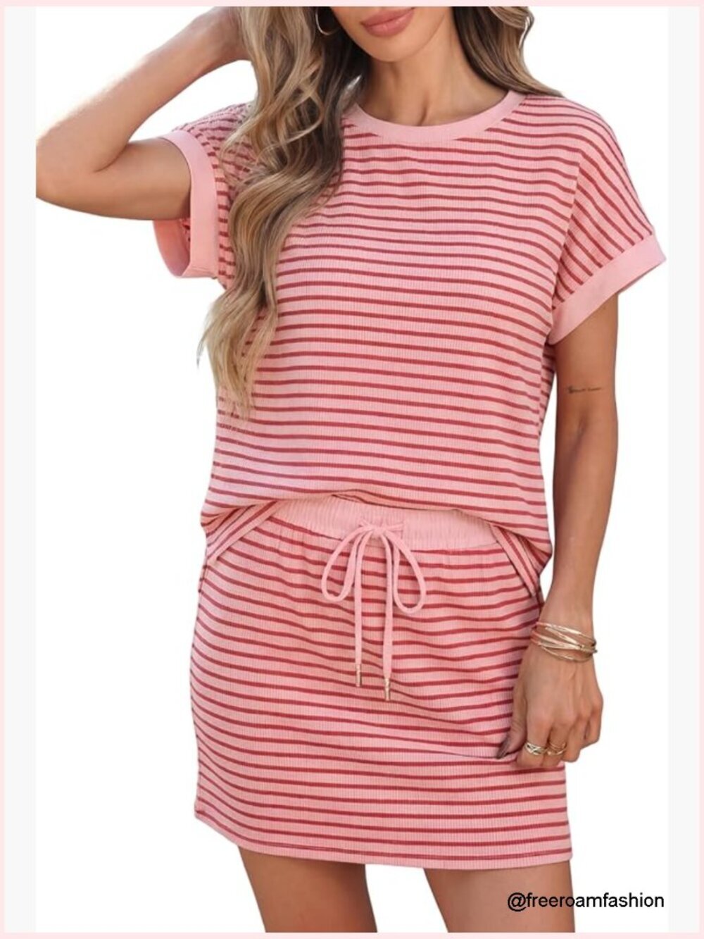 Womens Striped Short Sleeve Skirt Sets Crewneck Colorblock 2 Piece Outfits